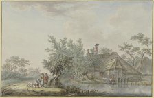 Farmstead by a body of water, a farming couple with a child and a dog by a pasture on the left. Creator: Johann Jakob Koller.