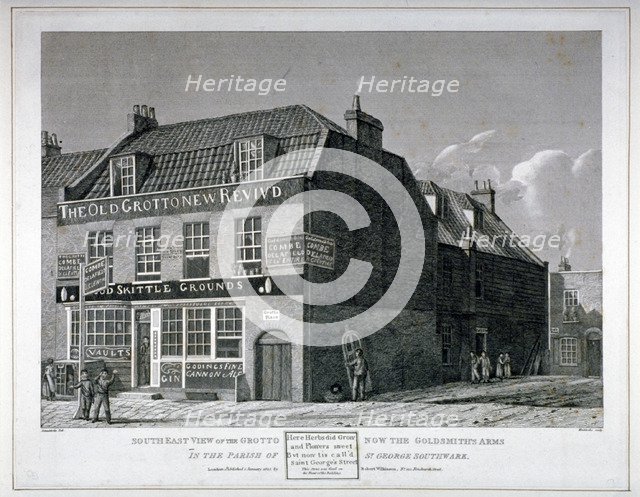 South-east view of the Grotto Inn, St George's Street, Southwark, London, 1825. Artist: Maddox