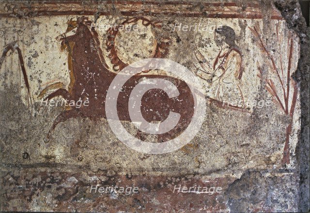 Fresco depicting a woman with two horses in a Lucan tomb at Paestum.