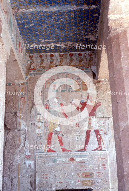 Painted relief of Tuthmosis III before Horus, Temple of Hatshepsut, Luxor, Egypt, c15th century BC. Artist: Unknown