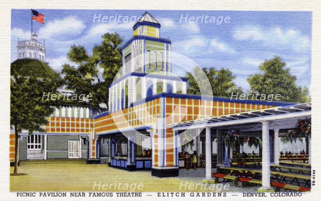 Picnic pavilion near Famous Theater, Elitch Gardens, Denver, Colorado, USA, 1945. Artist: Unknown