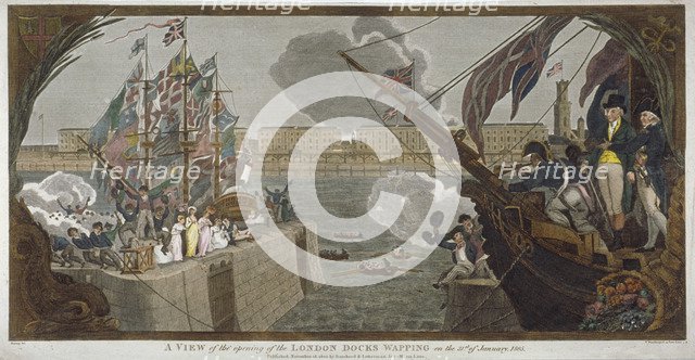 The opening of London Docks, Wapping, 1805. Artist: V Woodthorpe