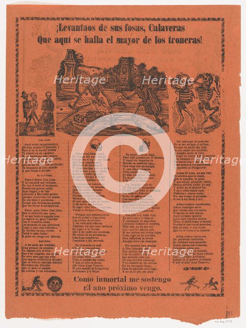 Broadsheet relating to skeletons rising from their graves, two skeletons duelling with swo..., 1904. Creator: José Guadalupe Posada.