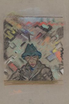 Bust man in a hat with a decorative background, around 1937. Creator: Arnold Peter Weisz-Kubincan.