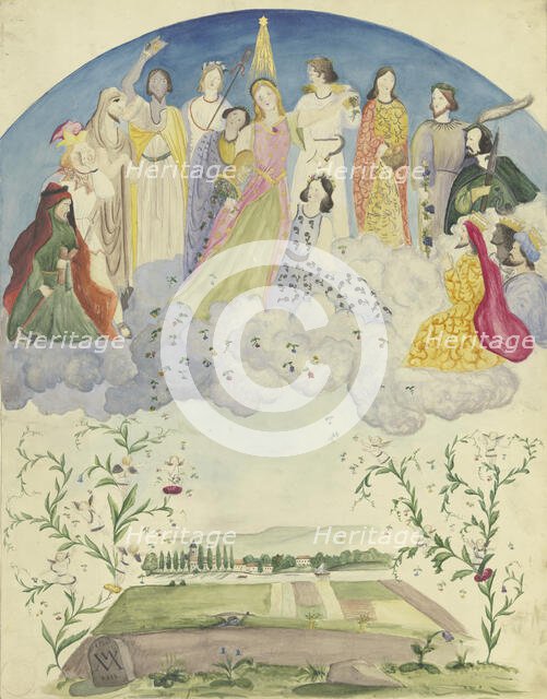 Flora scattering and spilling flowers across a landscape, surrounded by Dionysian..., 1844. Creator: Victor Muller.