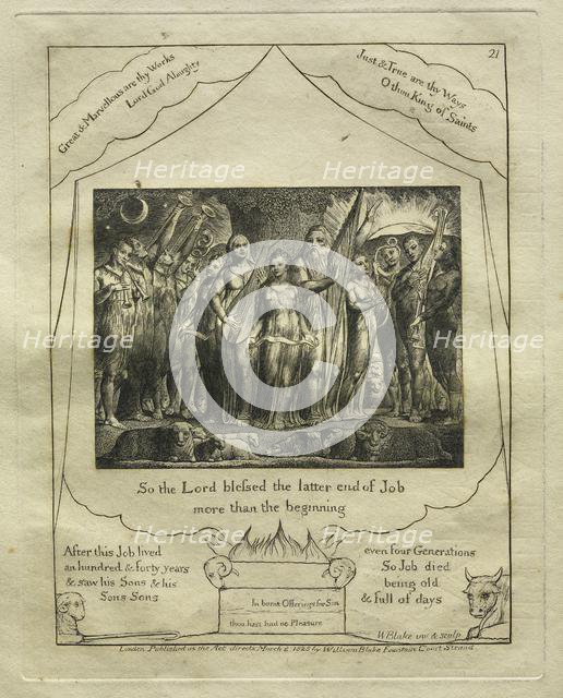 The Book of Job: Pl. 21, So the Lord blessed the latter end of Job / more than the beginning, 1825. Creator: William Blake (British, 1757-1827).
