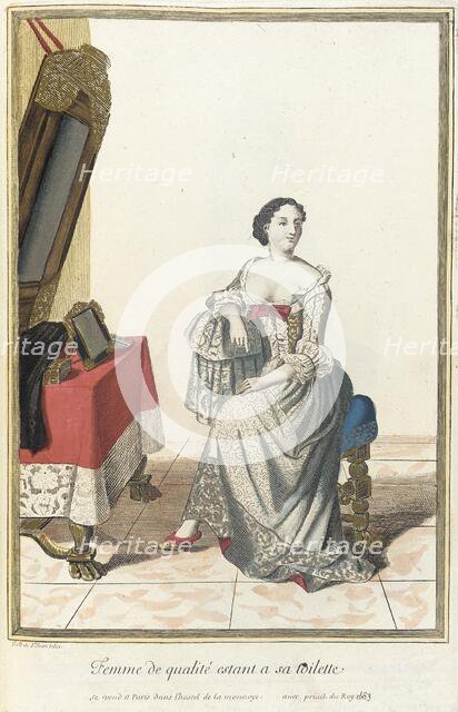 Recueil des modes de la cour de France, 'Femme de Qualité Estant a sa Toilette', 1683. Creator: Jean de Dieu.