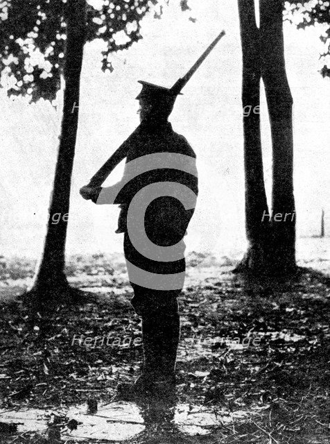 'Grey dawn on the battlefield, British cavalry, Belgian frontier', First World War, 1914. Artist: Unknown