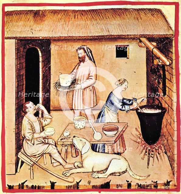 The production of cheese. A miniature from Tacuinum Sanitatis, Second Half of 14th cen.. Artist: Anonymous  