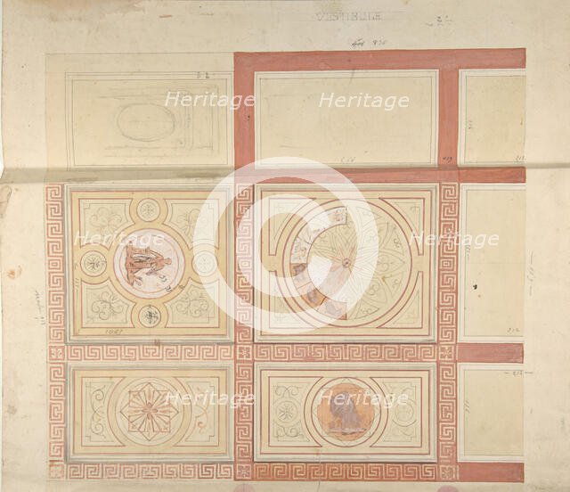 Design for the decoration of the ceiling of a vestibule in painted panels with roman key..., 1830-97 Creators: Jules-Edmond-Charles Lachaise, Eugène-Pierre Gourdet.