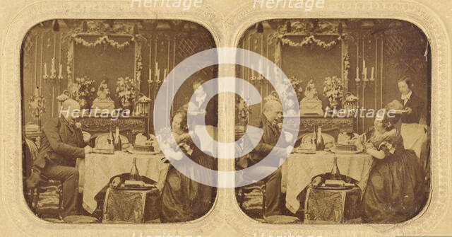 Elder man and woman at table eating, servant in background, 1855-1860. Creator: Unknown.