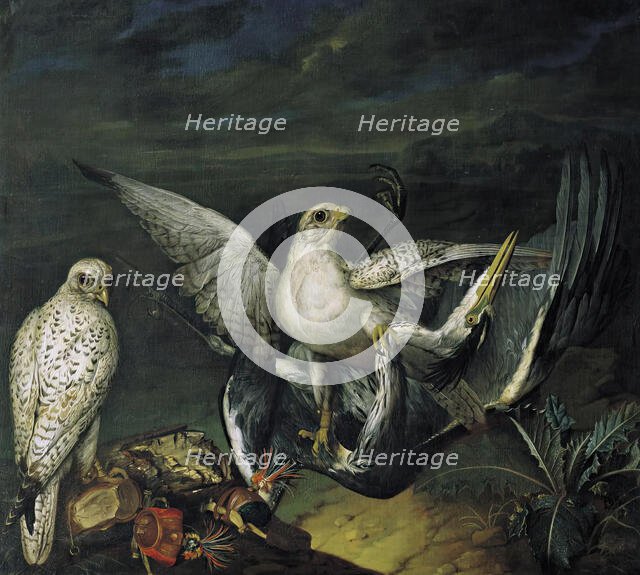 White hunting falcons with a heron, 1748. Creator: Philipp Ferdinand de Hamilton.