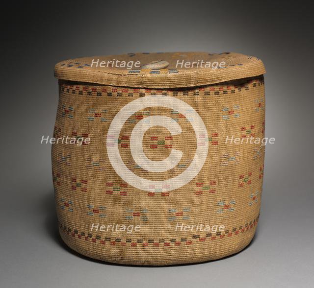 Lidded Twined Cylindrical Basket, late 1800 - early 1900. Creator: Unknown.