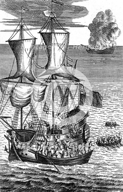 'Robinson Crusoe Saves the Crew of a Ship on Fire at Sea', c1719. Artist: Unknown