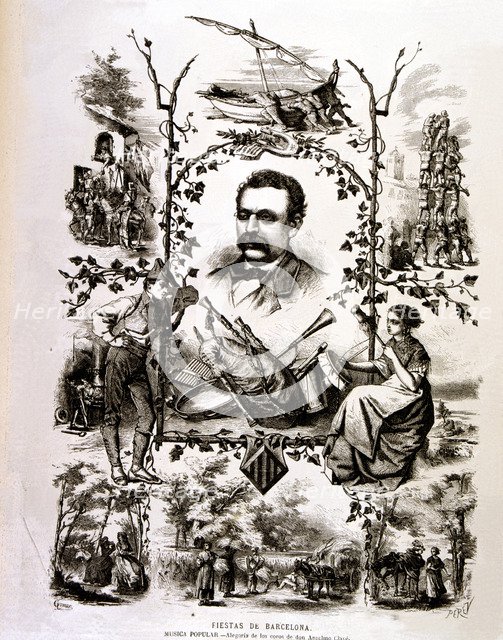 Jose Anselmo Clavé (1831-1906), Spanish music composer. Allegory of the Clave Choirs, engraving o…