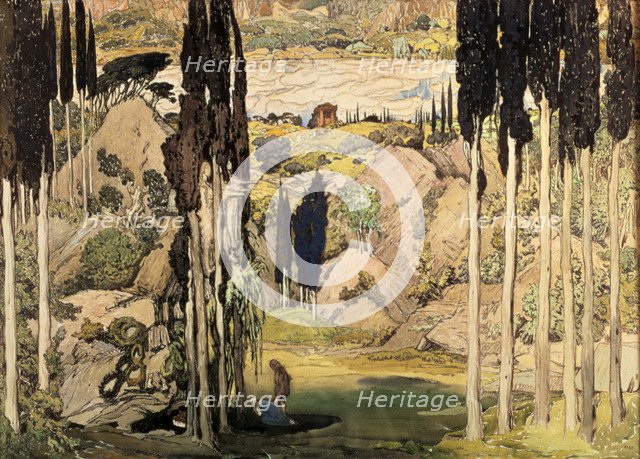 Set design for Act II of a Ballet Russes production of Ravel's Daphnis and Chloe, 1912. Artist: Leon Bakst