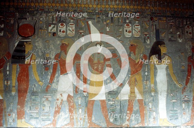 Pharaoh Horemheb with the goddess Isis and the god Horus, Ancient Egyptian, 14th century BC. Artist: Unknown