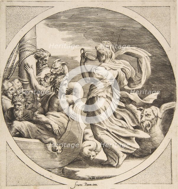 Circe drinking from a cup with the companions of Ulysses in a boat at left, a circular ..., 1531-76. Creator: Giulio Bonasone.