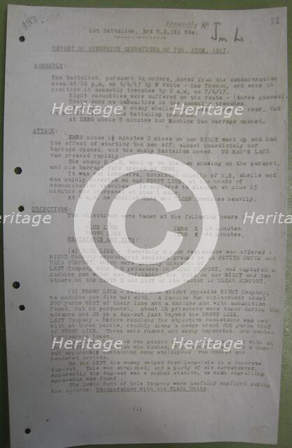 1st Battalion New Zealand Rifle Brigade Narrative of Operations 7 June 1917. Creator: Unknown.