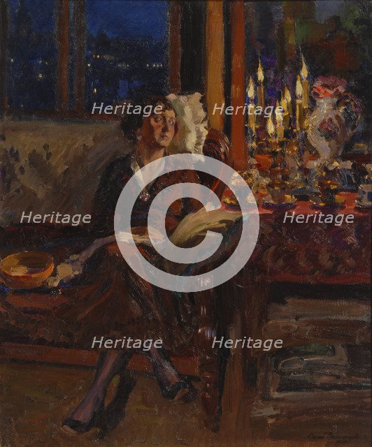 Lady with Book in an Interior, 1917. Artist: Vinogradov, Sergei Arsenyevich (1869-1938)