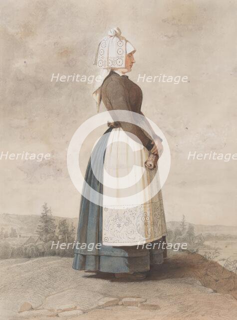Apparel - woman standing in full figure with white apron, 1810-1857. Creator: Otto Wallgren.