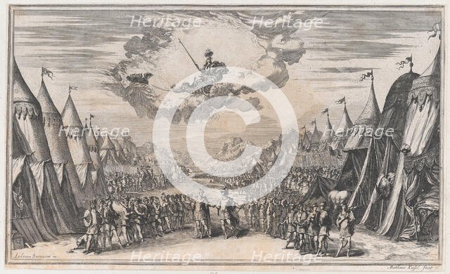The leaders of two armies conversing, their respective troops and camps on either side; ab..., 1668. Creator: Mathäus Küsel.