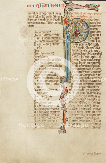 Initial P: Alexander the Great Carried Aloft by Griffins; Historia Scholastica, about 1300. Creator: Unknown.