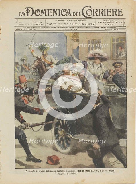 The Assassination of Archduke Franz Ferdinand of Austria and his wife in Sarajevo, 28th June 1914.  Creator: Beltrame, Achille (1871-1945).