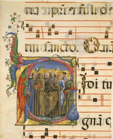 Manuscript Illumination with All Saints in an Initial V, from an Antiphonary, Italian, 1450-60. Creator: Unknown.