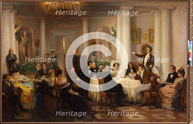 Pushkin and his friends listen to Adam Mickiewicz in the salon of Princess Zinaida Volkonskaya, 1899 Creator: Myasoedov, Grigori Grigoryevich (1834-1911).