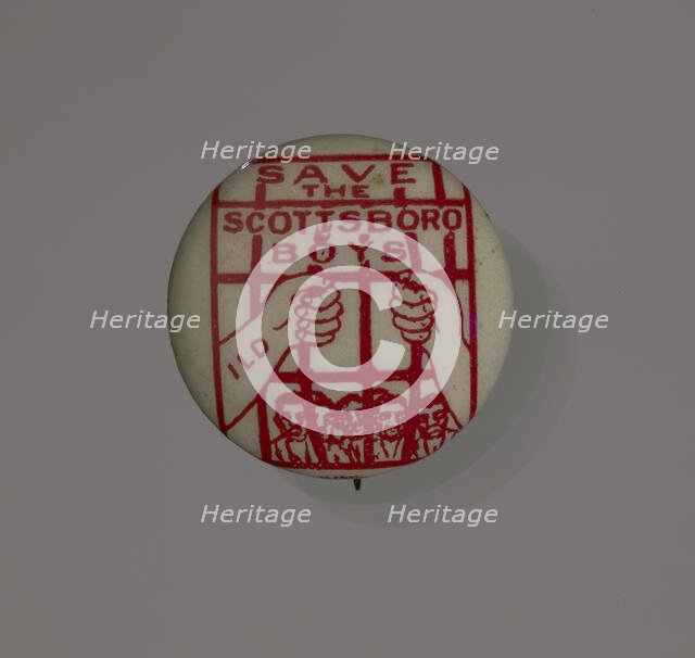 Pinback button supporting the Scottsboro Boys, 1931. Creator: Eagle Regalia Company.