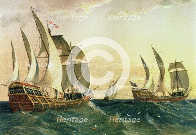 Discovery of America, 'Pinta' 'Niña' and 'Santa Maria' ships sailing towards the coast of the Eas…