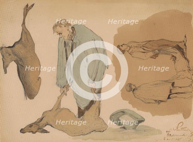 Poulterers with dead deer, 1864. Creator: Johannes Tavenraat.