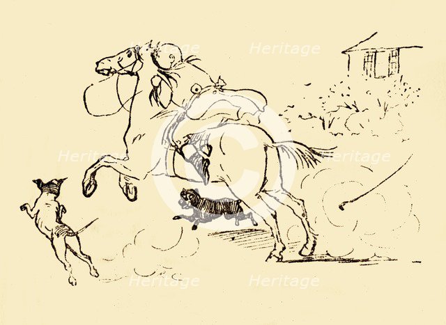 John Gilpin is chased by dogs as his horse gallops out of control, 1878, (c1918). Creator: Randolph Caldecott.