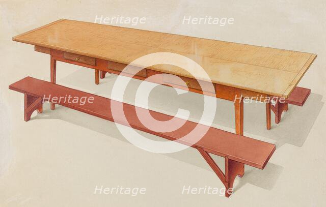 Shaker Refectory Table with Benches, c. 1936. Creator: Alfred H. Smith.
