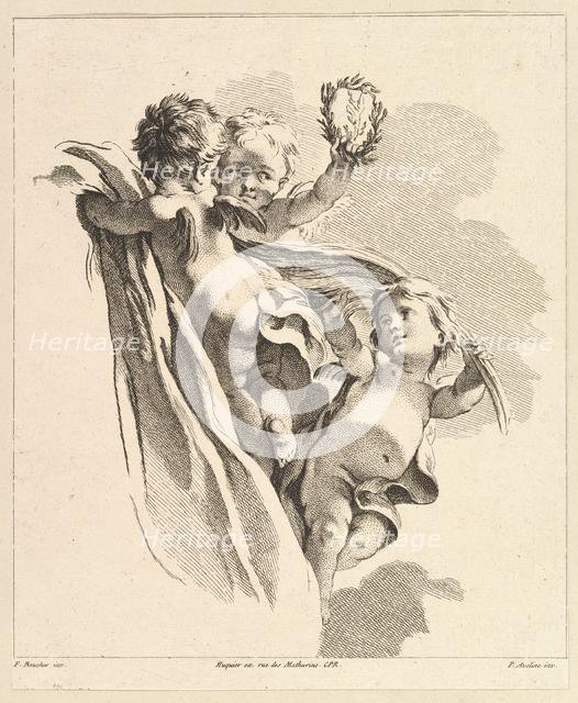 Trois Amours dont un tient un couronne, de Quatrième Livre de Groupes d'Enfans, 18th century. Creator: Pierre Alexandre Aveline.