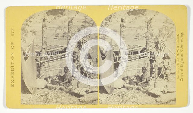 Aboriginal life among the Navajo Indians, Cañon de Chelle, New Mexico. Squaw weaving..., 1873. Creator: Tim O'Sullivan.