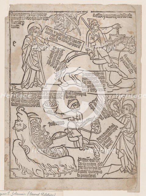 A Rider on a Black Horse with a Pair of Balances in His Hand; and A Pale Horse with D..., 1440-1450. Creator: Anon.