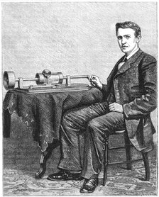 Thomas Alva Edison, American inventor, with an early hand-driven model of his phonograph, 1878. Artist: Unknown