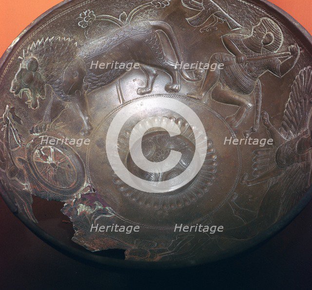 Detail of a lion-hunt on the inside of a bronze bowl, 8th century BC. Artist: Unknown
