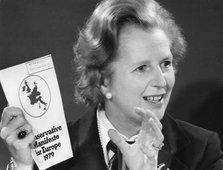 Margaret Thatcher holds up the Conservative Party's Manifesto for Europe, 18th May 1979. Artist: Unknown