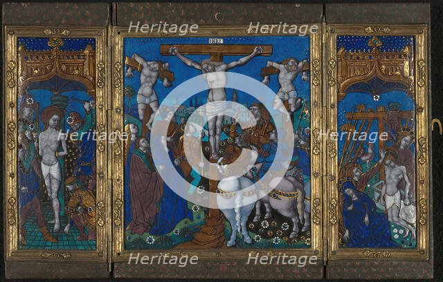 Triptych with The Crucifixion, The Flagellation, and The Entombment, Limoges, c. 1500. Creator: Unknown.