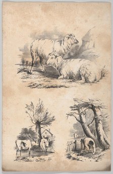 Vignette with two sheep, Vignette with two cows in a pool, and Vignette of a wood-gatherer..., 1847. Creator: Frances Flora Bond Palmer.