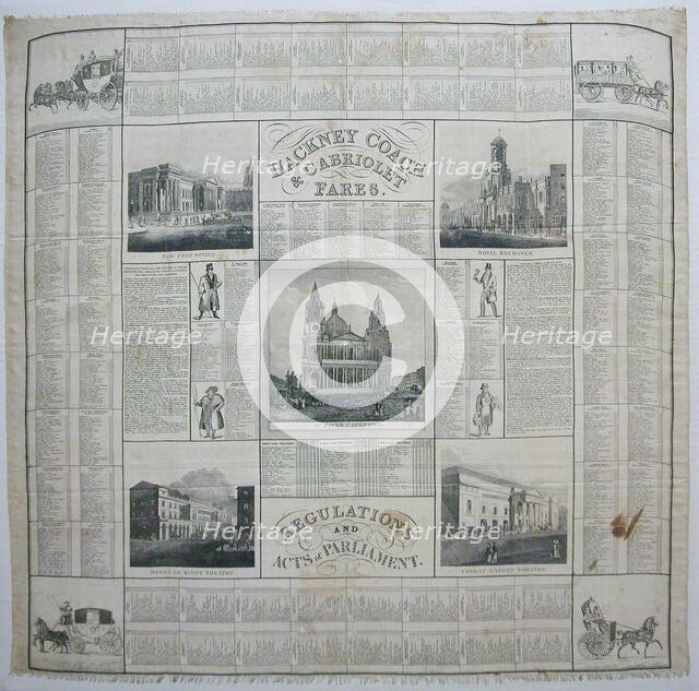 Hackney Coach and Cabriolet Fares/ Regulations and Acts of Parliament (Handkerchief), 1832. Creator: John Leander Bishop.