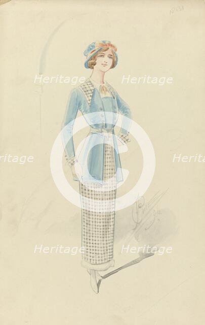 Young woman in black and white checkered ensemble, 1914. Creator: Price.