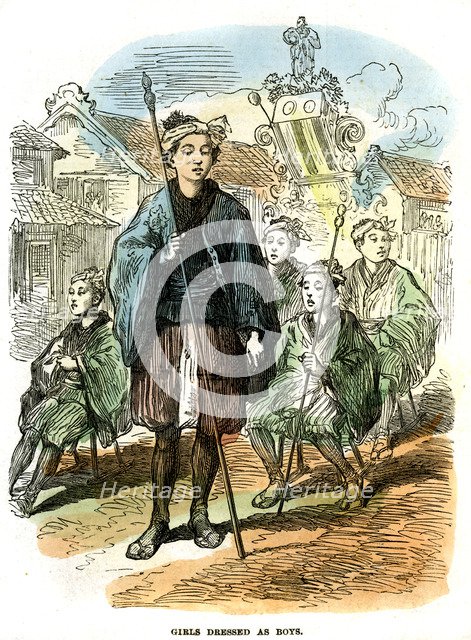 Girls dressed as boys, New Year's festival procession at Yokohama, Japan, 1872. Artist: Unknown