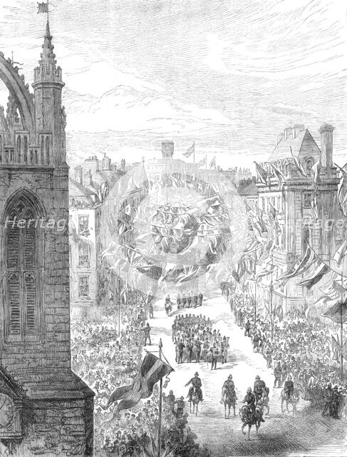 The George Stephenson Centenary at Newcastle-On-Tyne: procession passing St. Nicholas Church, 1881. Creator: Unknown.