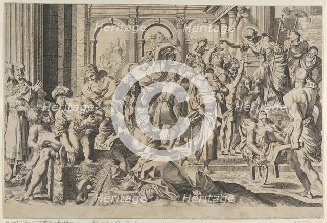 Saint Roch at right distributing alms to a group of people gathered around him, ca. 1600-1640. Creator: Anon.