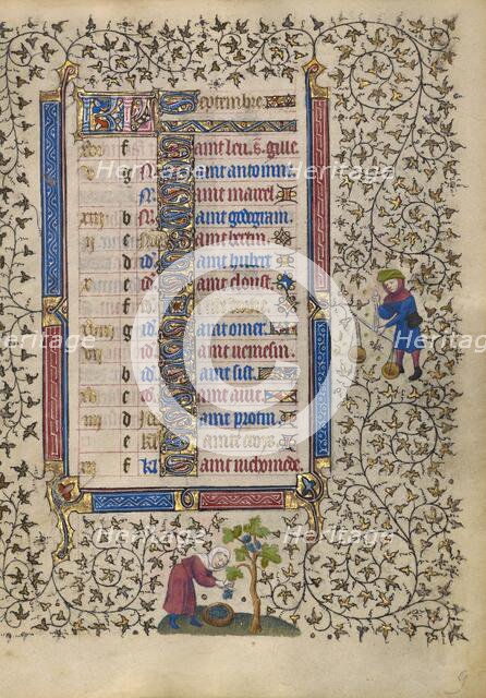 Calendar Page for September: Harvesting Grapes: Libra, about 1410. Creator: Unknown.