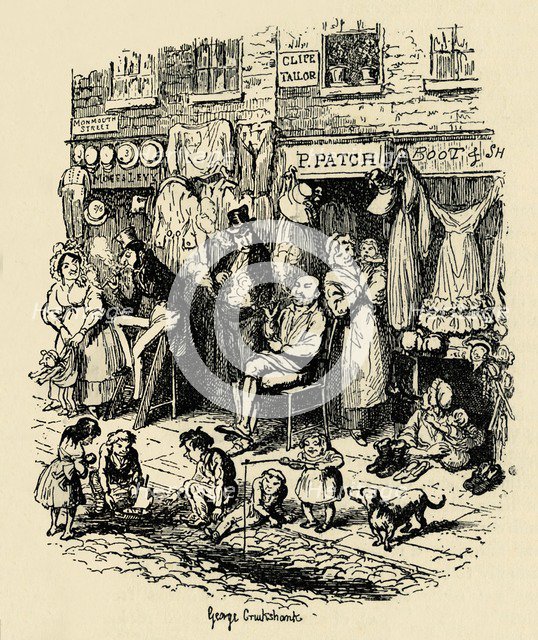 'Monmouth Street, Soho, an illustration by G. Cruikshank for Dickens' Sketches by Boz. ', (1938). Artist: George Cruikshank.